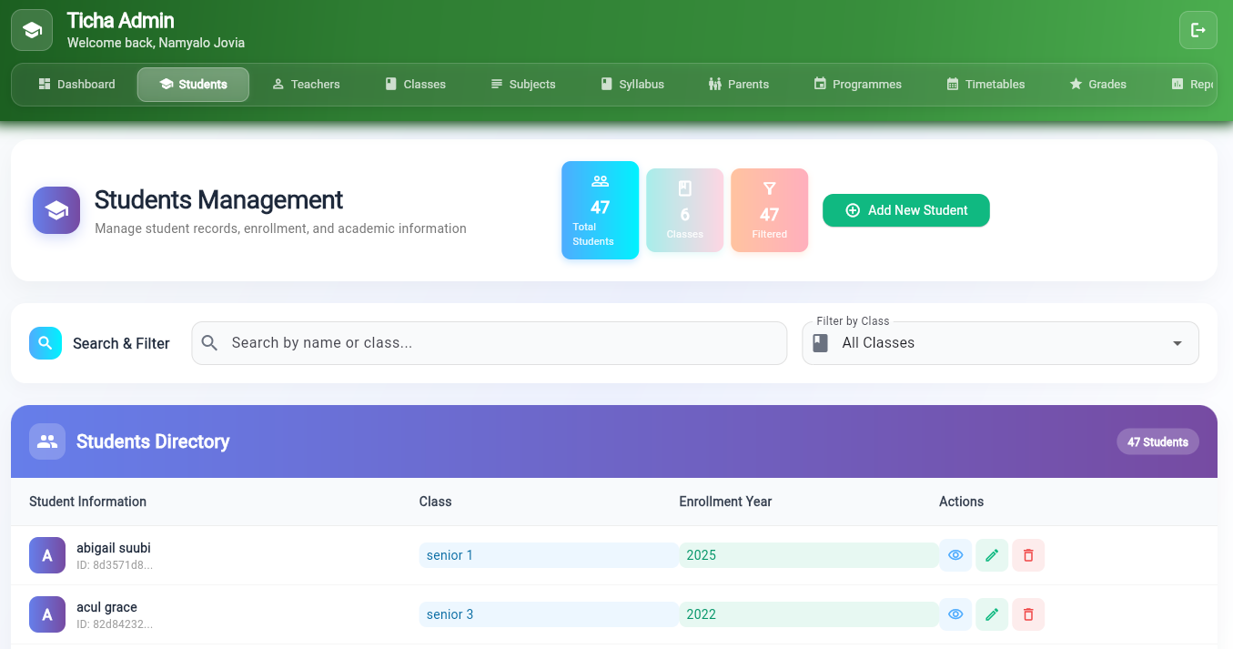 Ticha SmartSchool student management screen showing student records and profiles